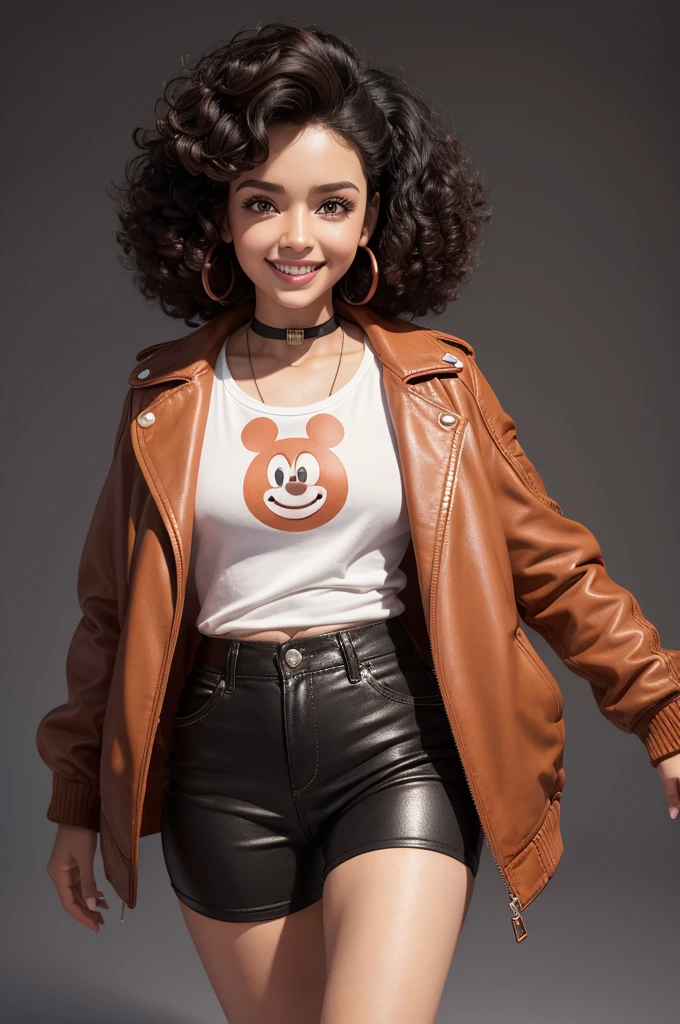 Funnily character, disney pixar style, 3d, very small, with black curly hair and copper highlights, white t-shirt with the name paid traffic with collar, red al star sneakers, black leather style jacket , with a happy face, light brown skin, dark brown eyes, holding a notebook in her arms, 8k quality br background