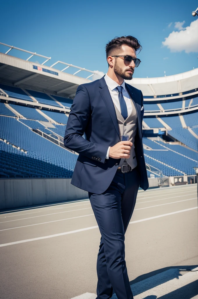 Man in a suit in a football stadium