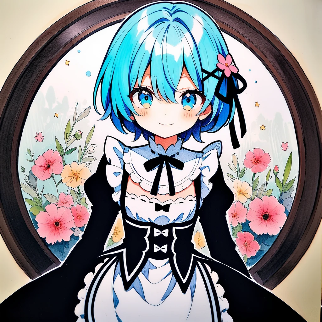 (circular frame1.7),Ram ,2 front handles,head,1 person,like,headใจ,icon, circular frame,icon、2 front handles,head,1 person,(circular frame1.7)、1 personの女の子,alone,Againm (Again:zero),Blue Hair,x hair ornaments,short hair,hair ornaments,blue eyes,Maid,View your viewers,ribbon,Maid headdAgainss,Long sleeve,dAgainss,roswaal mansion Maid uniform,smile,hair ribbon,bAgainasts,Puffy sleeves,Frills,apron,bangs,Mouth closed,black ribbon,pink ribbon,blush,medium bAgainasts,black dAgainss,Juliet Sleeve,Cowboy Shot,flower,Hair between the eyes,Againd ribbon,waist apron,Traditional Media,