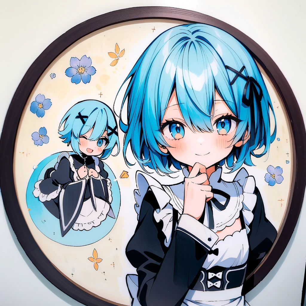 (circular frame1.7),Ram ,2 front handles,head,1 person,like,headใจ,icon, circular frame,icon、2 front handles,head,1 person,(circular frame1.7)、1 personの女の子,alone,Againm (Again:zero),Blue Hair,x hair ornaments,short hair,hair ornaments,blue eyes,Maid,View your viewers,ribbon,Maid headdAgainss,Long sleeve,dAgainss,roswaal mansion Maid uniform,smile,hair ribbon,bAgainasts,Puffy sleeves,Frills,apron,bangs,Mouth closed,black ribbon,pink ribbon,blush,medium bAgainasts,black dAgainss,Juliet Sleeve,Cowboy Shot,flower,Hair between the eyes,Againd ribbon,waist apron,Traditional Media,