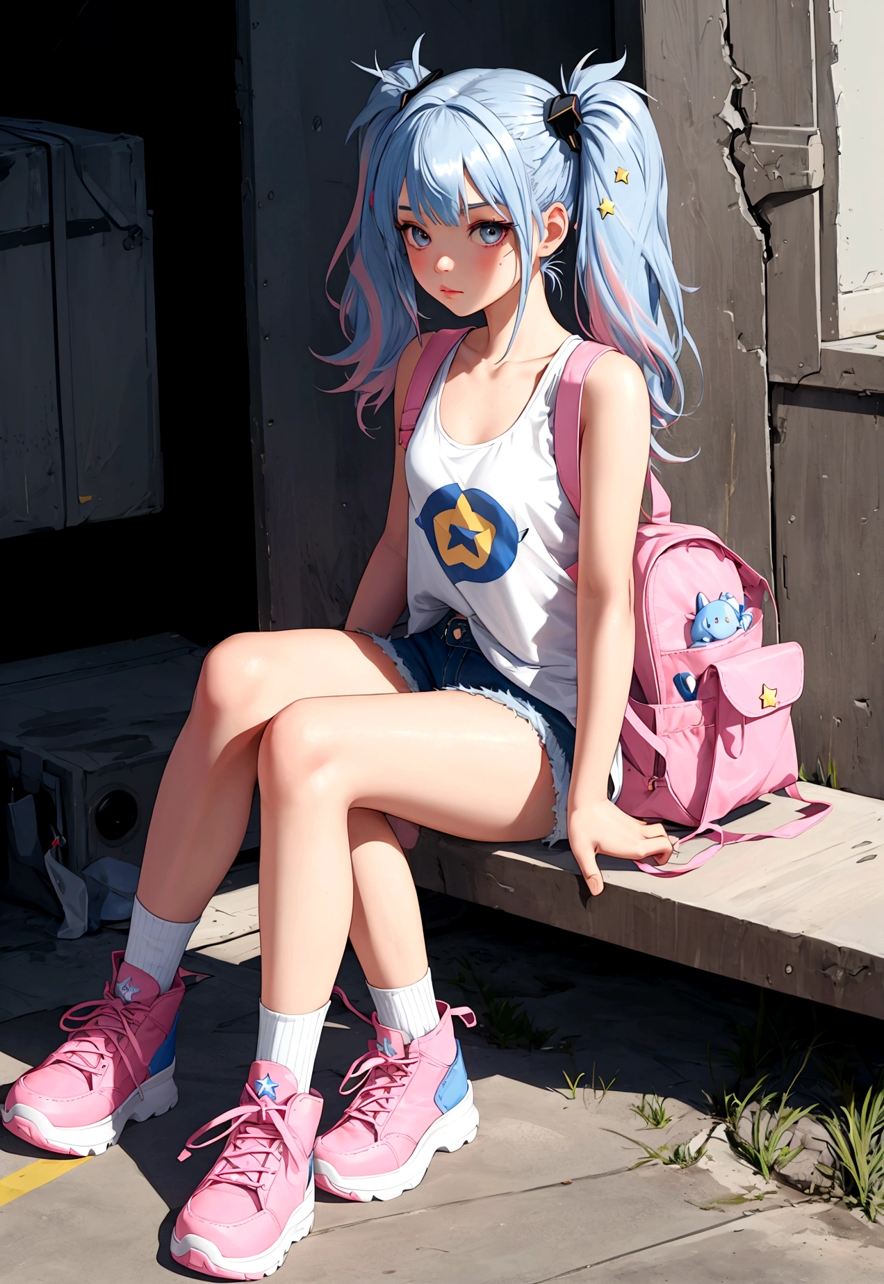 masterpiece,Highest quality,8K,Cinematic Light,Ultra-high resolution,Little,One girl,bag,Backpack,alone,Multicolored Hair,Shorts,star,Tank top \,(symbol\),Blue Hair,Food,Sitting,Silver Hair,star hair ornaments,headphone,socks,Pink footwear,black Shorts,hair ornaments,whole body,boots,bandage,Slope,Twin tails,