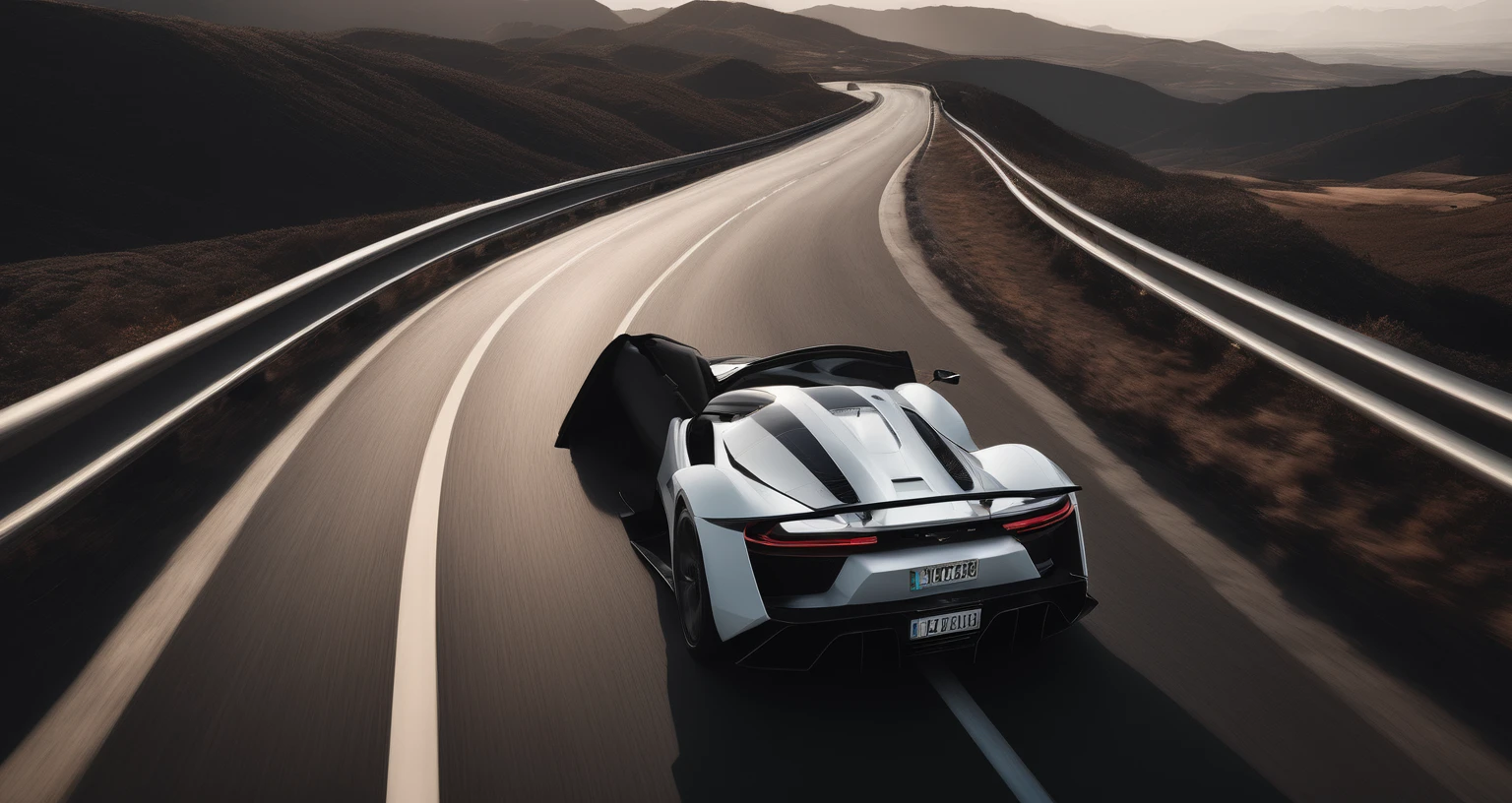A stunning promotional banner showcasing a white SKU gliding across a vast expanse of highway, captured from a dramatic overhead angle. The car's sleek profile is emphasized as it slices through the landscape, creating a sense of speed and elegance. The lighting is dramatic, with the sun low on the horizon, casting long shadows and adding depth to the image. The style is minimalist and clean, allowing the beauty of the car and the expanse of the road to speak for themselves. The weather is crisp and cool, adding a touch of freshness to the scene. The atmosphere is serene and contemplative, inviting viewers to embark on a journey of self-discovery.