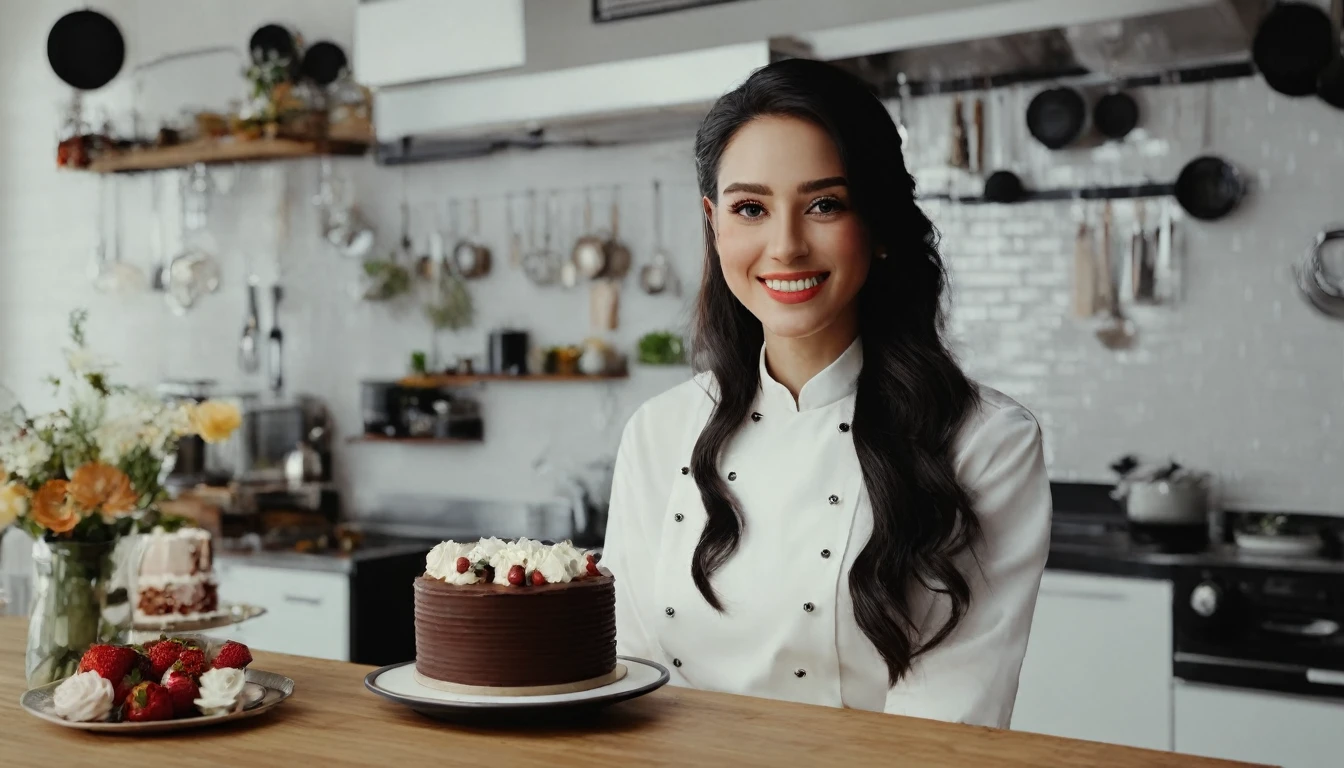 (Masterpiece, best quality, ultra realistic,32k, RAW photo, detail skin, 8k uhd, dslr, high quality, film grain:1.5),1 girl, chef, pants,  long hair, looking at viewer, smile, black hair, dress, holding cake, jewelry, standing, flower, earrings, kitchen, white dress, black eyes, realistic