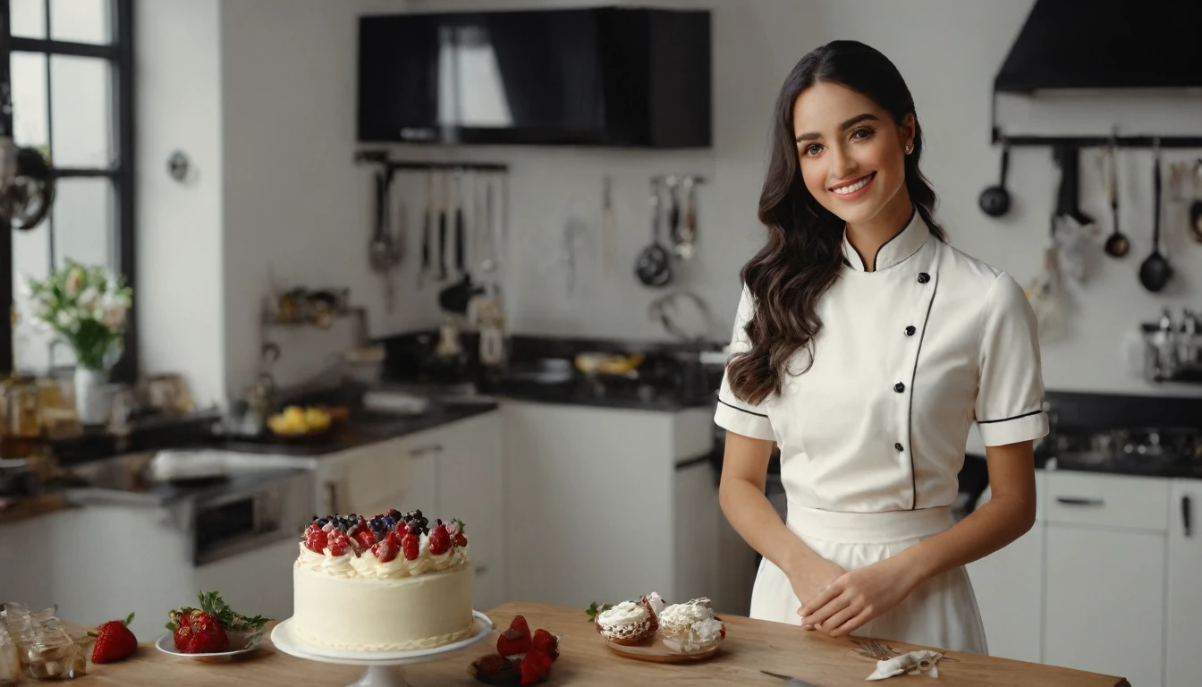 (Masterpiece, best quality, ultra realistic,32k, RAW photo, detail skin, 8k uhd, dslr, high quality, film grain:1.5),1 girl, chef, pants,  long hair, looking at viewer, smile, black hair, dress, holding cake, jewelry, standing, flower, earrings, kitchen, white dress, black eyes, realistic