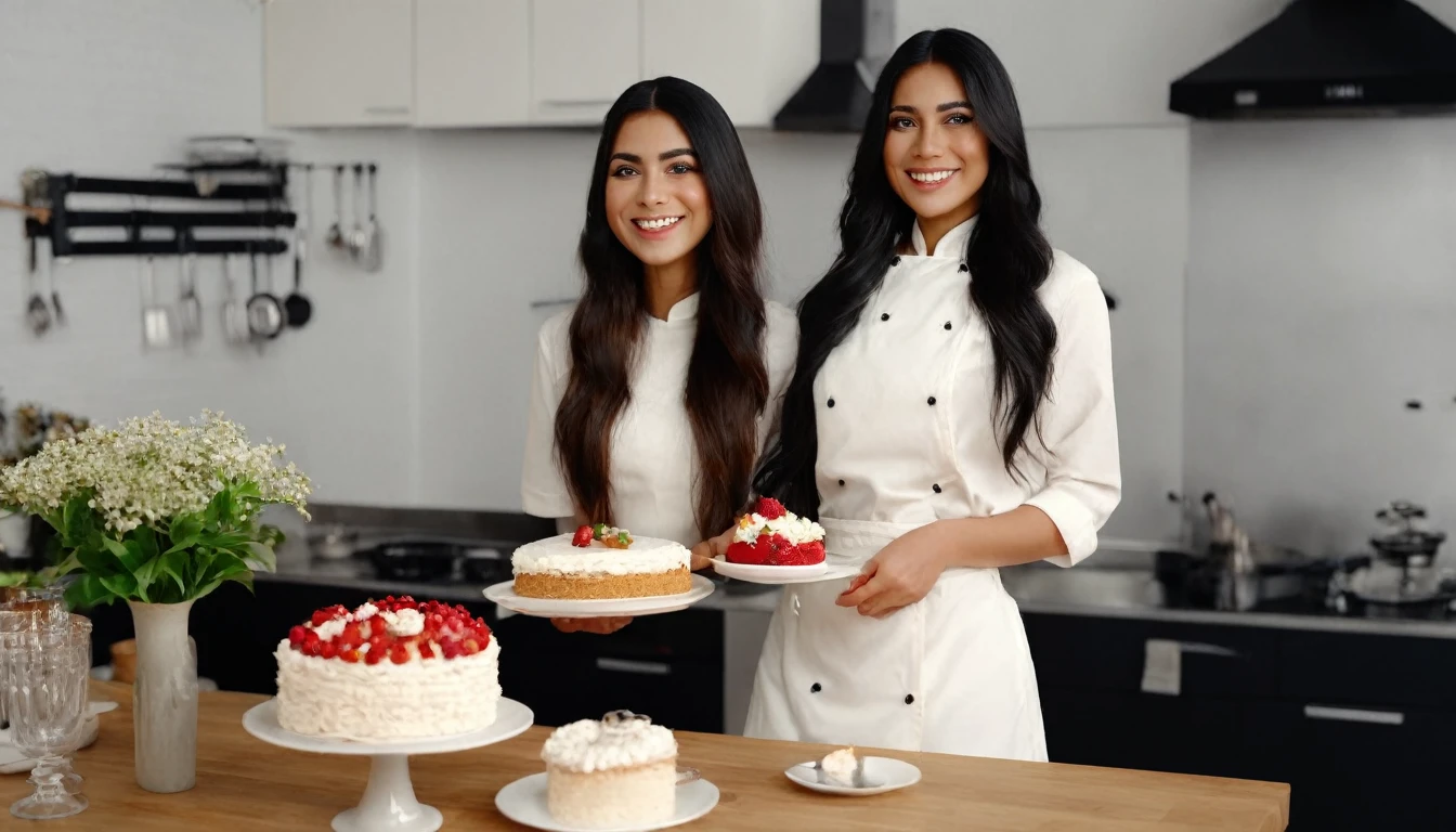 (Masterpiece, best quality, ultra realistic,32k, RAW photo, detail skin, 8k uhd, dslr, high quality, film grain:1.5),1 girl, chef, pants,  long hair, looking at viewer, smile, black hair, dress, holding cake, jewelry, standing, flower, earrings, kitchen, white dress, black eyes, realistic