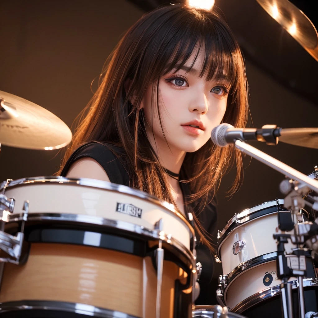 1girl,beautiful detailed eyes,beautiful detailed lips,extremely detailed eyes and face,longeyelashes,attractive girl drummer,girl playing drums,girl on stage,drum kit,studio lighting,vibrant colors,warm lighting,photorealistic,ultra-detailed,best quality,masterpiece,high quality,realistic