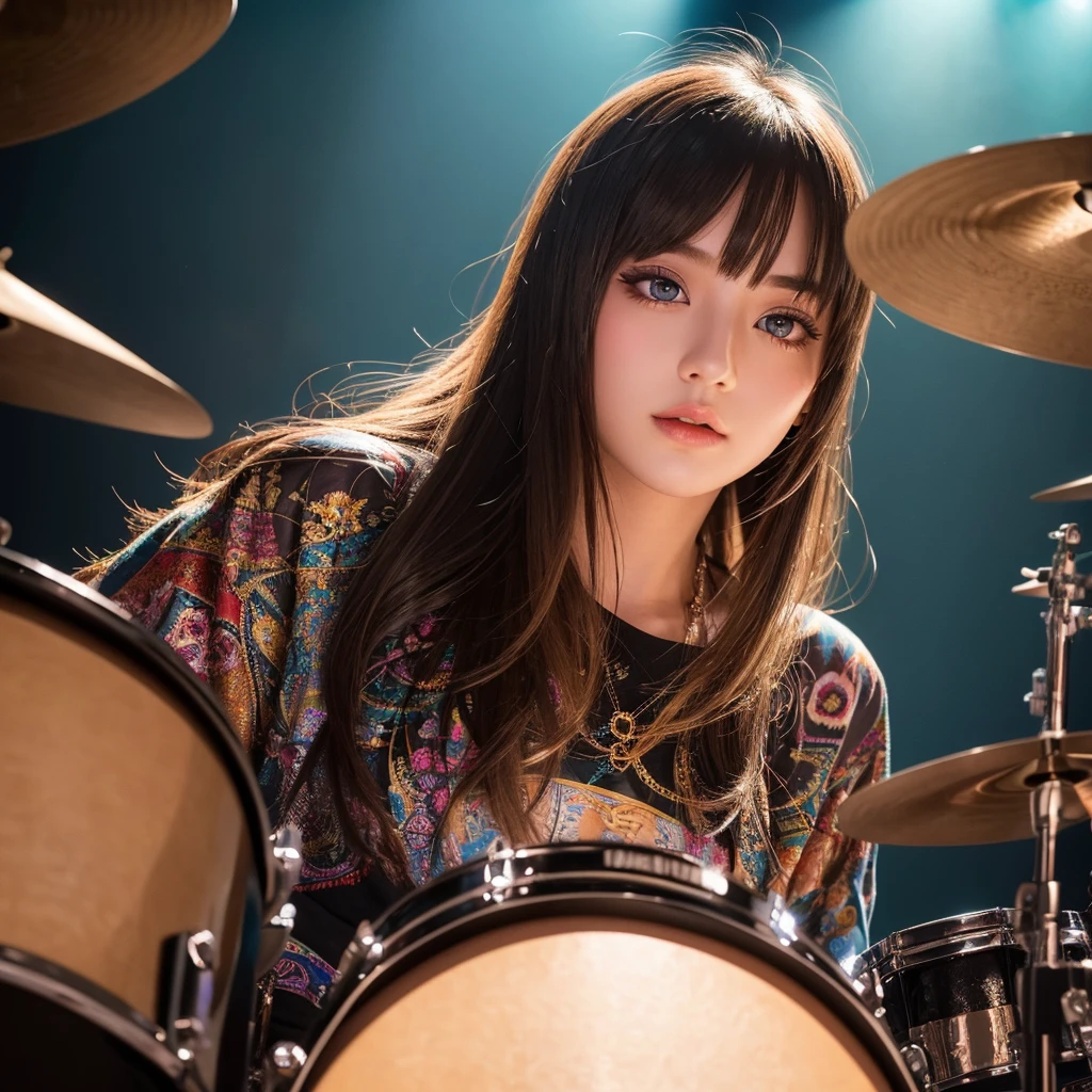 1girl,beautiful detailed eyes,beautiful detailed lips,extremely detailed eyes and face,longeyelashes,attractive girl drummer,girl playing drums,girl on stage,drum kit,studio lighting,vibrant colors,warm lighting,photorealistic,ultra-detailed,best quality,masterpiece,high quality,realistic