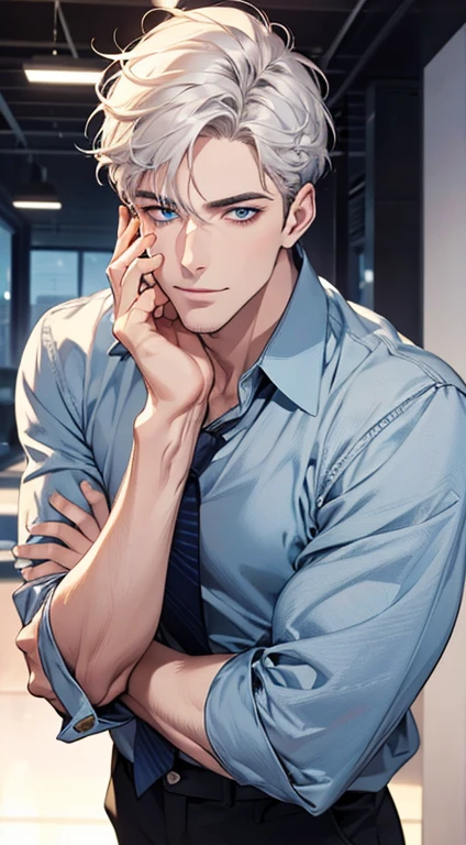 (best quality,4k,8k,highres,masterpiece:1.2),ultra-detailed,(realistic,photorealistic,photo-realistic:1.37),1 man,31 years old,mature man,very handsome,without expression,smile,short white hair,blue eyes,penetrating gaze,perfect face without errors,imposing posture,businessman,office background,cinematic lighting,hdr image