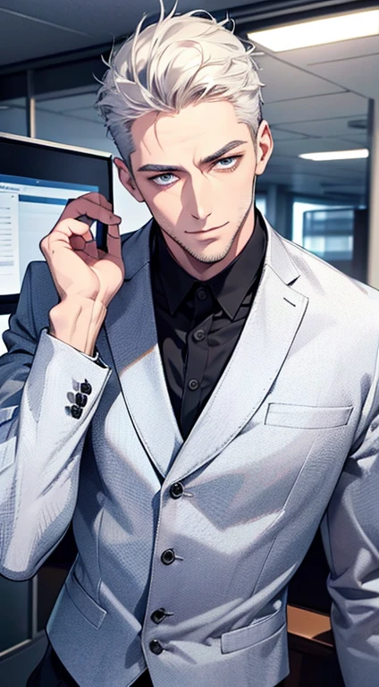 (best quality,4k,8k,highres,masterpiece:1.2),ultra-detailed,(realistic,photorealistic,photo-realistic:1.37),1 man,31 years old,mature man,very handsome,without expression,smile,short white hair,blue eyes,penetrating gaze,perfect face without errors,imposing posture,businessman,office background,cinematic lighting,hdr image