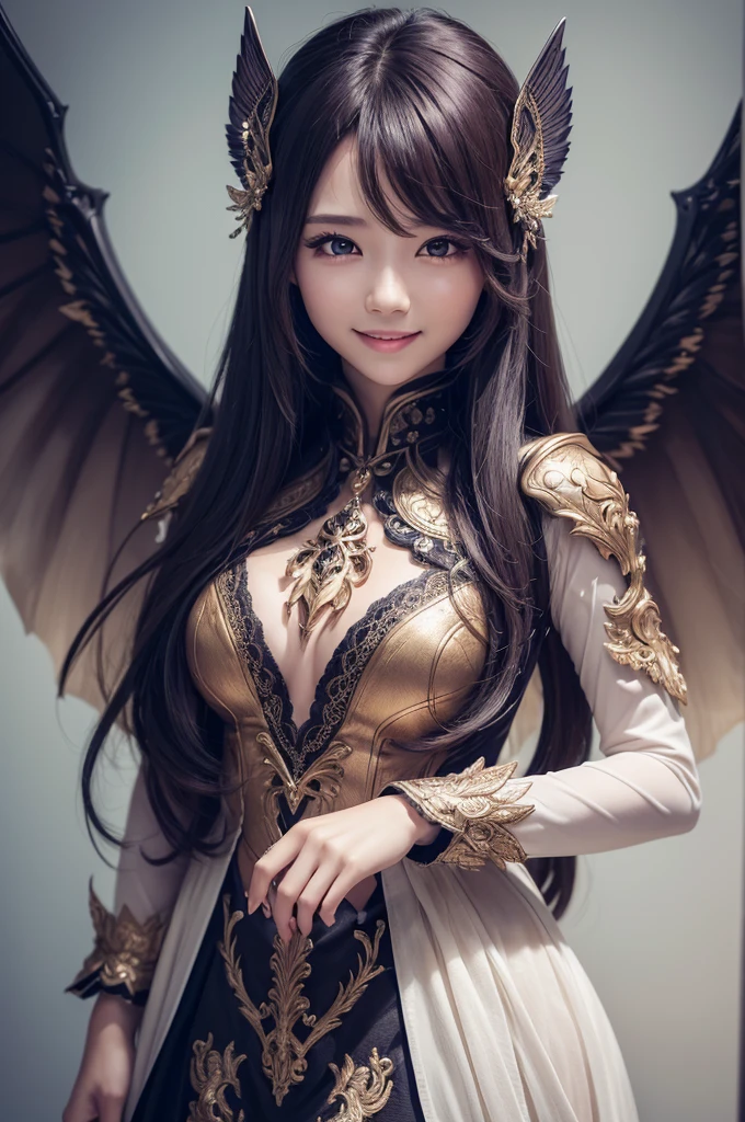 (master part), (best qualityer), (ultra detaild),(disheveledhair), (1 girl), standing, smiling, beautiful detailed eyes, detailed beautiful face, facefocus, detailed hair, range, better lighting, best shade, highy detailed, Vibrant, wings on the head