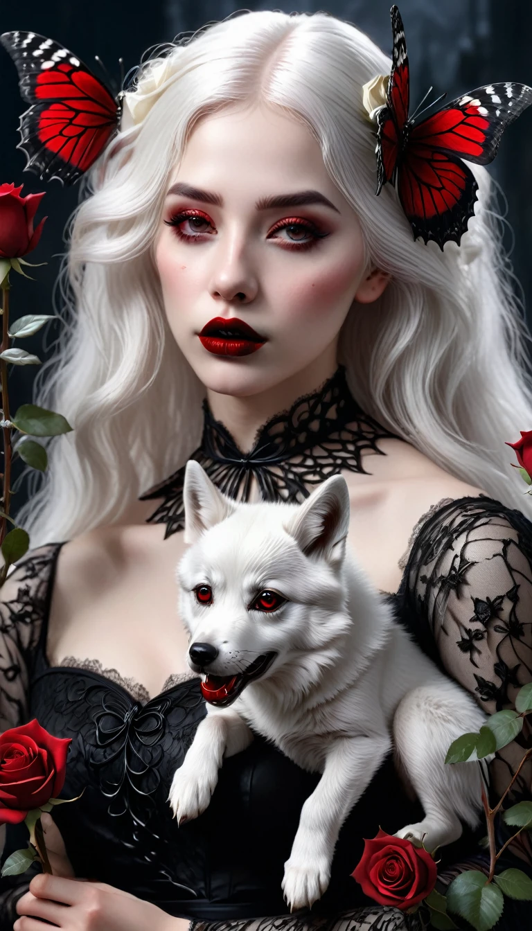 (best quality,4 k,8 k,higher ,masterpiece:1.2),ultra-detailed,(realistic,photorealistic,photo-realistic:1.37),gothic art,girl ,lace dress,thorny rose,creepy,terrifying, dark Red lips , butterfly,holding a Rose  , Dark red rose . White hair, white wolf beside her .
