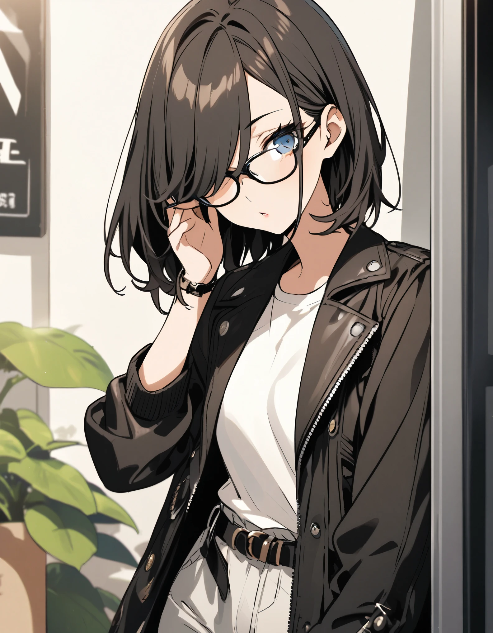 diagonal, bright、Glasses、woman、Jacket、Hiding one eye、stylish