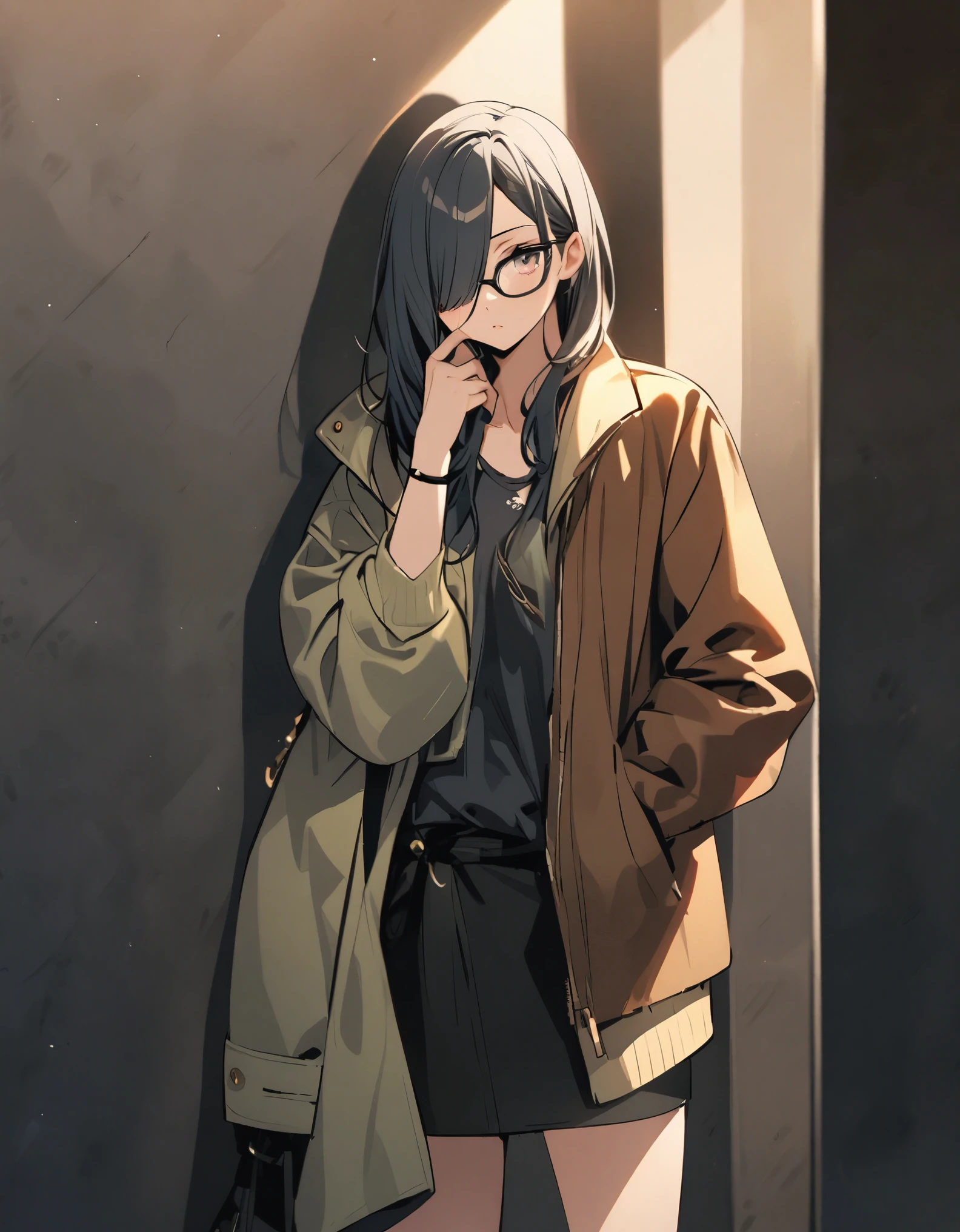 diagonal, bright、Glasses、woman、Jacket、Hiding one eye、stylish