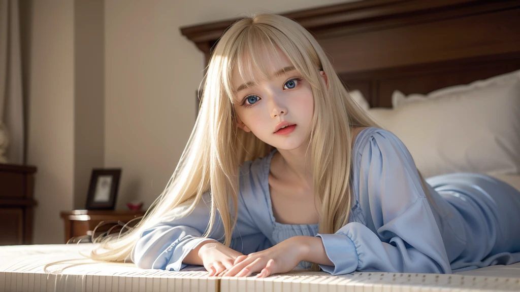 playing piano.silky shiny skin、22 year old cute sexy little beautiful face、Hair glows in front of a cute face、long silky bangs covering the eyes、pale light blue eyes、Young woman super long blonde shiny golden bright straight hair、with round face、Small face beauty、big eye、bright expression、The dress、Even big in clothes