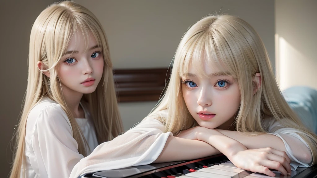 playing piano.silky shiny skin、22 year old cute sexy little beautiful face、Hair glows in front of a cute face、long silky bangs covering the eyes、pale light blue eyes、Young woman super long blonde shiny golden bright straight hair、with round face、Small face beauty、big eye、bright expression、The dress、Even big in clothes
