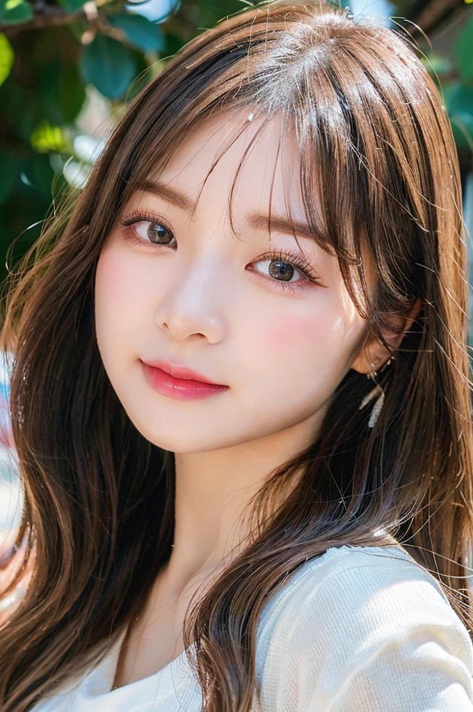 smiling, high-level image quality、20 year old Korean girl photo, raw, Beautiful woman, (Extra-long wavy blonde hair), ((Portrait)), ((Detailed face:1.2)), ((A detailed face Characterized by fine skin), pale skin, , (cold color), moist, moist, reflector stay piece) (perfectly proportions)(photos realistic)(Best Quality) photographed in a Canon EOS R5, 50mm Lens,(8K), The upper part of the body、very long upper eyelashes、Very long lower eyelashes、Detailed lashes、Curled eyelashes、eyelash perm、Beautiful lashes, Glamorous makeup、Natural eyes、Oku Duplex、very beautiful eyelashes