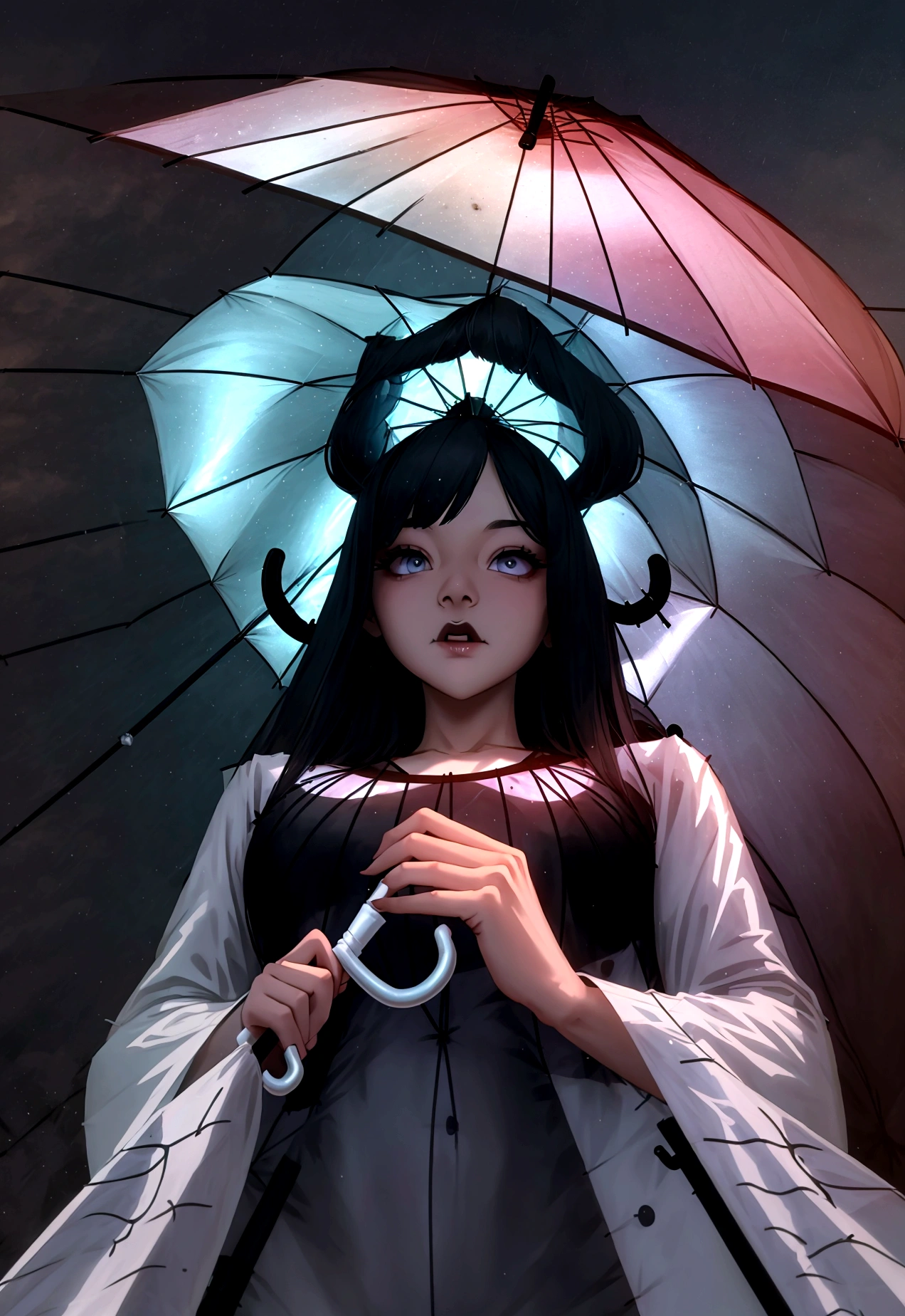 quality\(8K,Extremely detailed CG unit wallpaper, masterpiece,high resolution,top-quality,top-quality real texture skin,Surrealism,提high resolution,original photo,Best quality,Very detailed,wallpaper,light,Ray Tracing,Golden Ratio\), rest ,A girl\(student,beautiful, young, big eyes, Eye of the Universe, Long eyelashes, Flowing long hair, beautiful eyes, Surprised face,Chest,(Holding an umbrella:1.5),look up,Look away,outside\((Very dark:1.3),Heavy rain\)\) ,Inner umbrella\(Starry Sky\(Shining Star,beautiful nebulae, Detailed Moon\)\), ,(From below:1.4),The audience can see the inside of the umbrella,whole body