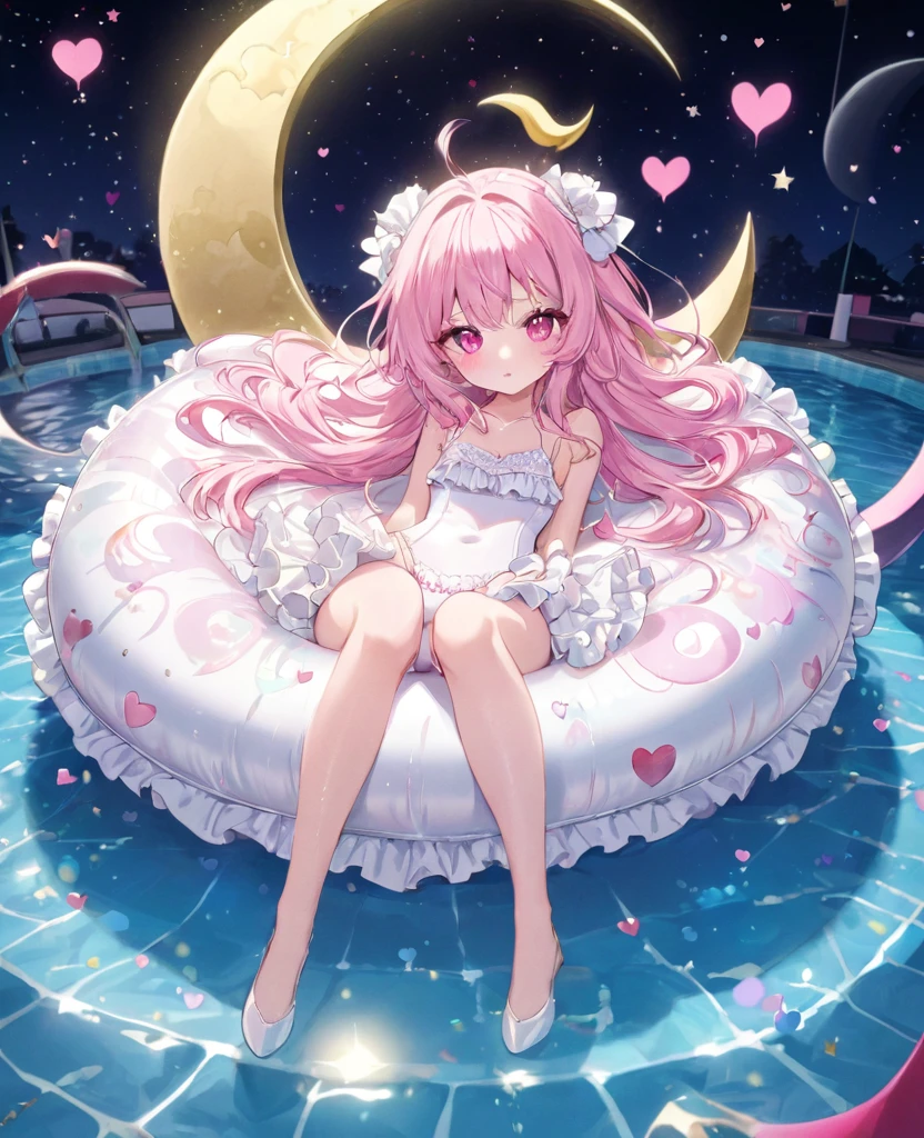 (masterpiece, best quality:1.2), (absurdres, highres, ultra-detailed), (perfect anatomy),
Beautiful woman、Night Pool、Riding on a cute float、Pink Hair、Fluffy longhair、Pink Eyes、Background glitter、night、Crescent Moon、heart、White frilly swimsuit
(8K, RAW photo:1.2),detailed face and eyes,intricate detail ,masterpiece ,sharp focus, high quality,BREAK,rating: general, newest