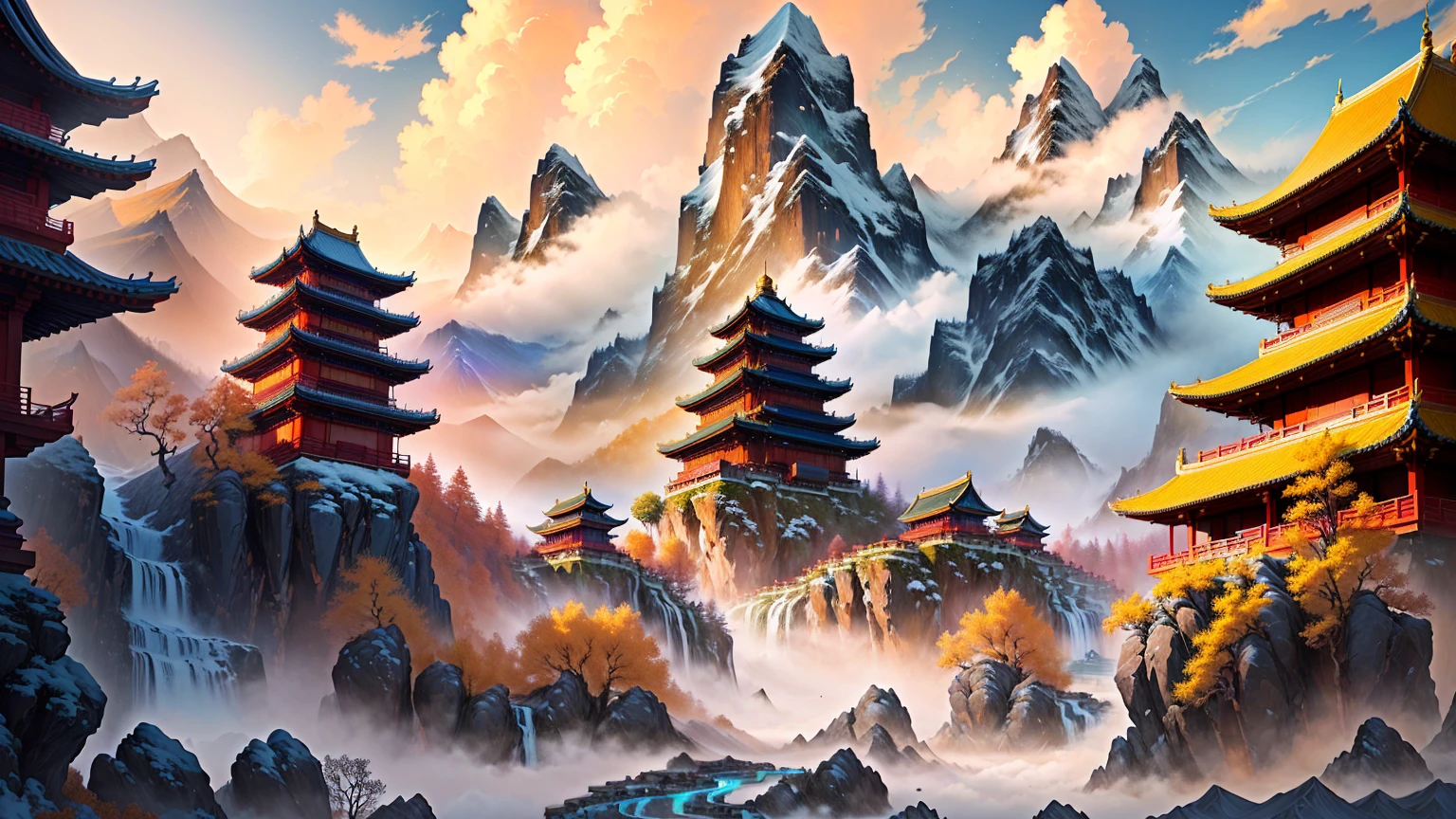 mountains and pagodas in a painting style with a waterfall blue, detailed scenery —width 672, chinese landscape, beautiful art uhd 4 k, 8k high quality detailed art, 3840 x 2160, 3840x2160, chinese fantasy, detailed painting 4 k, by Yang J, dreamy chinese town