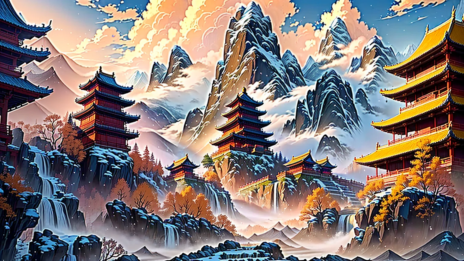 mountains and pagodas in a painting style with a waterfall blue, detailed scenery —width 672, chinese landscape, beautiful art uhd 4 k, 8k high quality detailed art, 3840 x 2160, 3840x2160, chinese fantasy, detailed painting 4 k, by Yang J, dreamy chinese town
