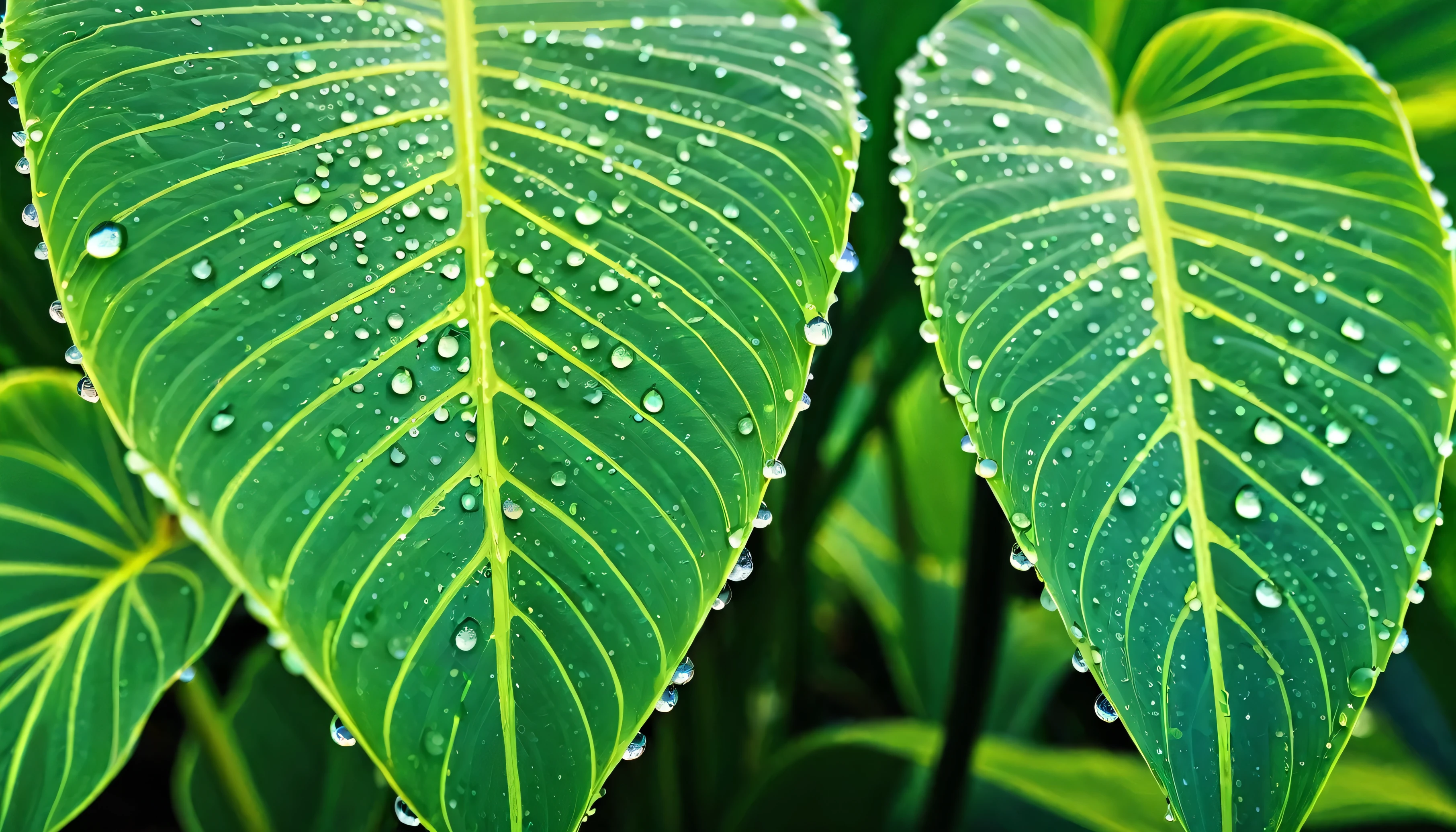 Close-up view of the natural beauty of dew drops sticking to the green leaves of taro