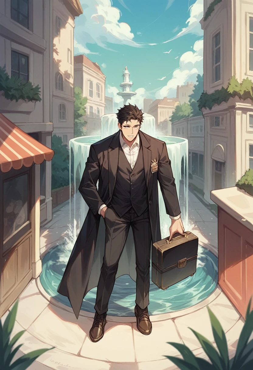 A man wearing a black suit carrying a suitcase, in the middle of the city, with a fountain in the middle,