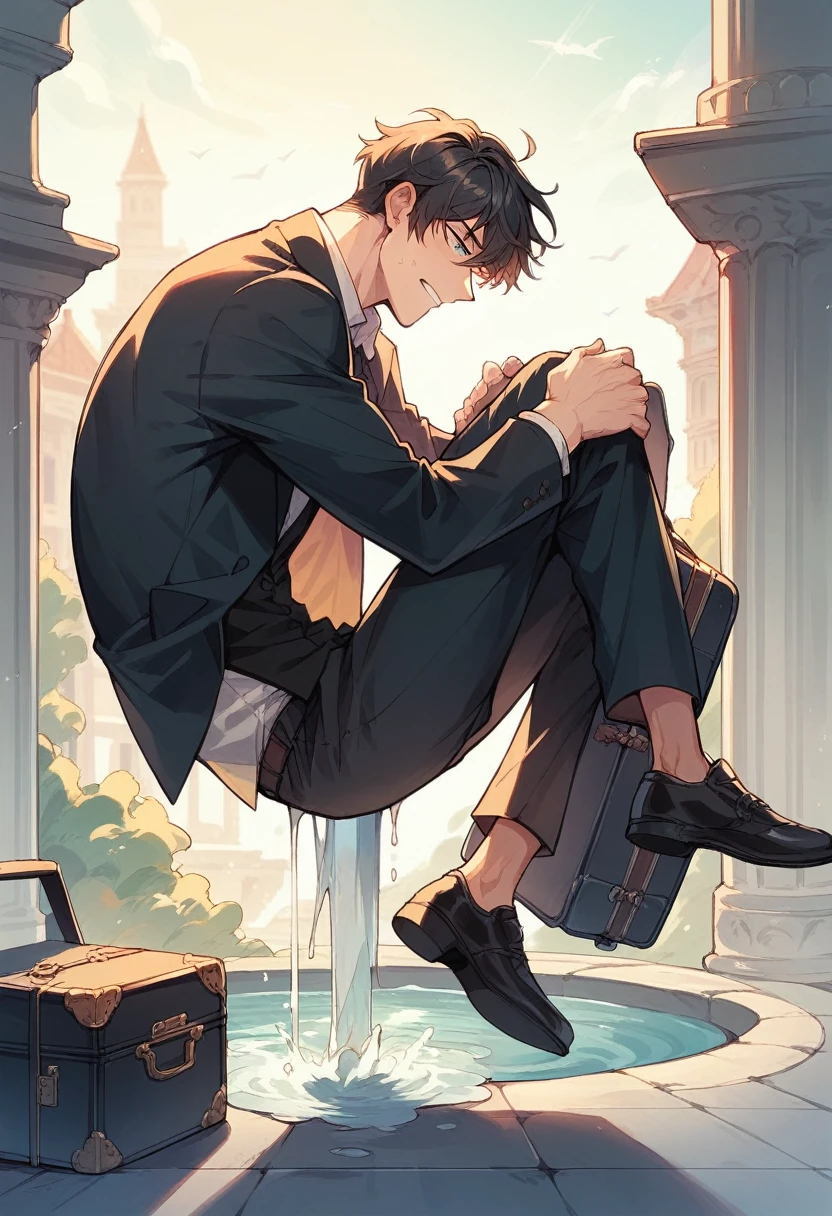 A man wearing a black suit carrying a suitcase, in the middle of the city, with a fountain in the middle,