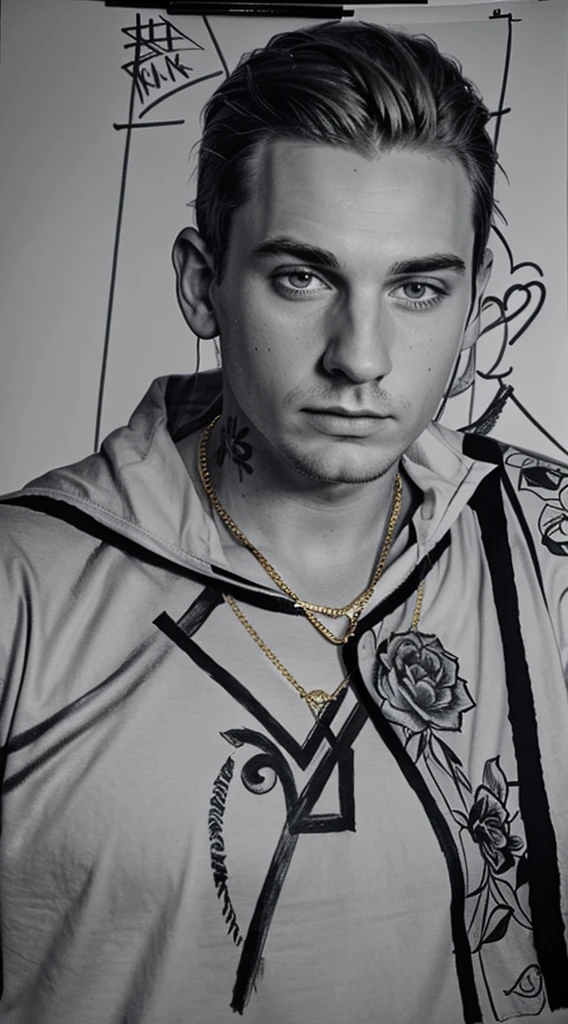 Charcoal pencil drawing, 4K, realistic drawing, black and white drawing, a drawing of a fat man with platinum blonde hair, short and combed back. He has dark skin and has tattoos on his face and right hand., which is raised close to the face in a gesture that appears to partially cover the mouth. He is wearing a beige fabric jacket with a white furry collar., that is open, revealing a white t-shirt with red and yellow details. 

The man also wears a large amount of gold jewelry.. On the right wrist, it has a thick bracelet crafted in gold, plus a golden ring on the ring finger. In the neck, he wears two golden chains, one of which has a large, ornate pendant.
, tattoo design, tattoo sketch, realism tattoo design, detailed outline, tattoo design sketch, conceptual design tattoo, tattoo design, medium sized tattoo design, ink and pencil, realism tattoo design, inspired by Anne Stokes, sketch art, ink draw, coastal print, tattoo design, in style of anne stokes