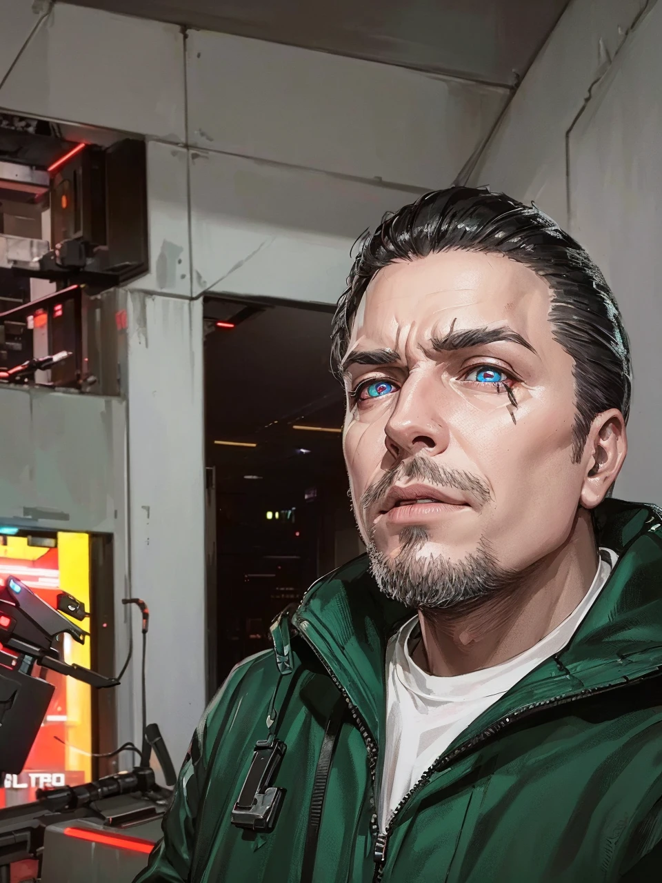 Cyberpunk style, android, terminator, future, hunter, lazer eye, neon lights background ar nigjt