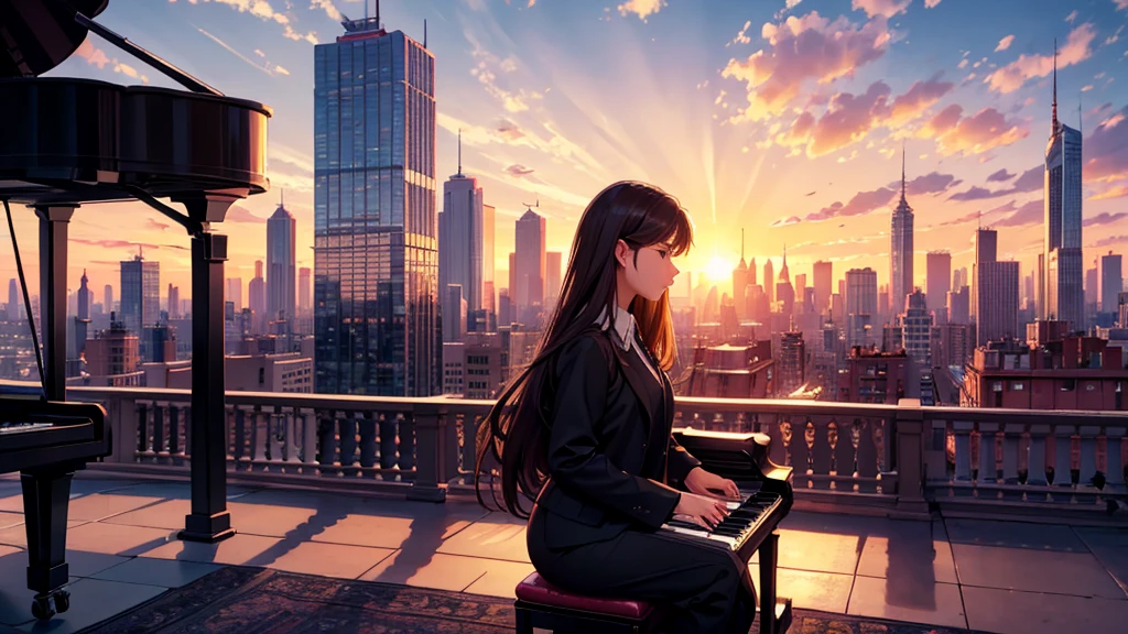 Create a detailed illustration of a vast retrowave urban landscape with numerous buildings. In the distance, on the rooftop of one of the buildings, there should be a girl playing the piano. The cityscape features a mix of architectural styles, with tall skyscrapers and smaller buildings creating a dynamic skyline. The girl on a rooftop in the distance should be clearly visible, playing a grand piano. The atmosphere is serene and slightly melancholic, with the sun setting and casting a warm glow over the city. Soft lighting emanates from the buildings' windows, and a few birds can be seen flying in the sky. Gentle ambient city lights begin to flicker on, adding to the tranquil scene. There are small parks and green spaces interspersed among the buildings, providing a touch of nature within the urban environment.