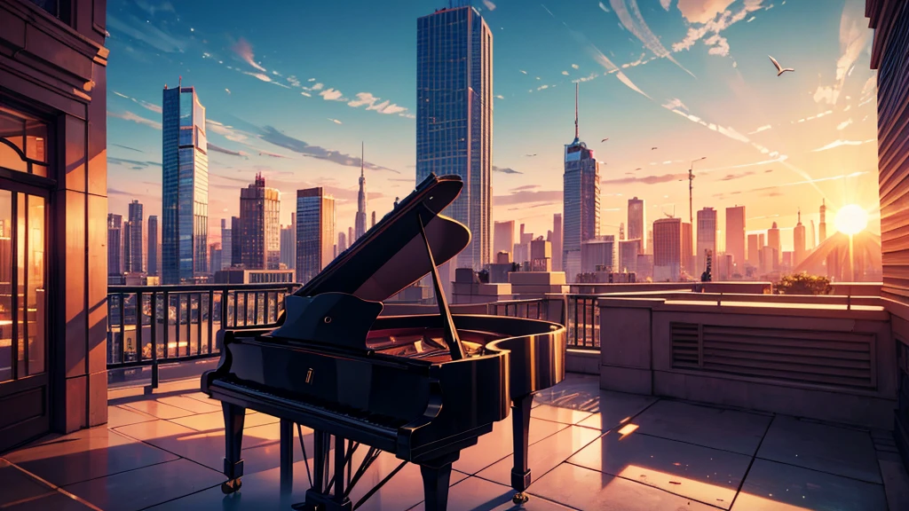 Create a detailed illustration of a vast retrowave urban landscape with numerous buildings. In the distance, on the rooftop of one of the buildings, there should be a girl playing the piano. The cityscape features a mix of architectural styles, with tall skyscrapers and smaller buildings creating a dynamic skyline. The girl on a rooftop in the distance should be clearly visible, playing a grand piano. The atmosphere is serene and slightly melancholic, with the sun setting and casting a warm glow over the city. Soft lighting emanates from the buildings' windows, and a few birds can be seen flying in the sky. Gentle ambient city lights begin to flicker on, adding to the tranquil scene. There are small parks and green spaces interspersed among the buildings, providing a touch of nature within the urban environment.