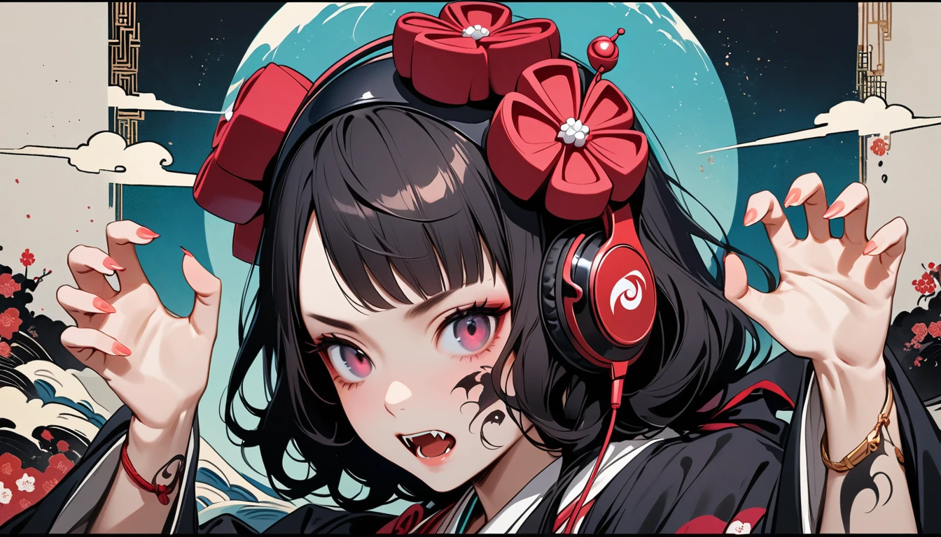 (((Horror elements))), (((TATOO on the face))), (((claw pose))), (((Highest quality))), (((Katsushika Hokusai))), (((Ink Painting))), ((very straight longhair)), ((1 girl)), ((Eyes glow red)), ((A beautiful girl possessed by a demon and showing her fangs)), (((Japanese style headphones))), Black Hair, Delicate and precise, Modern ukiyo-e style, head shot