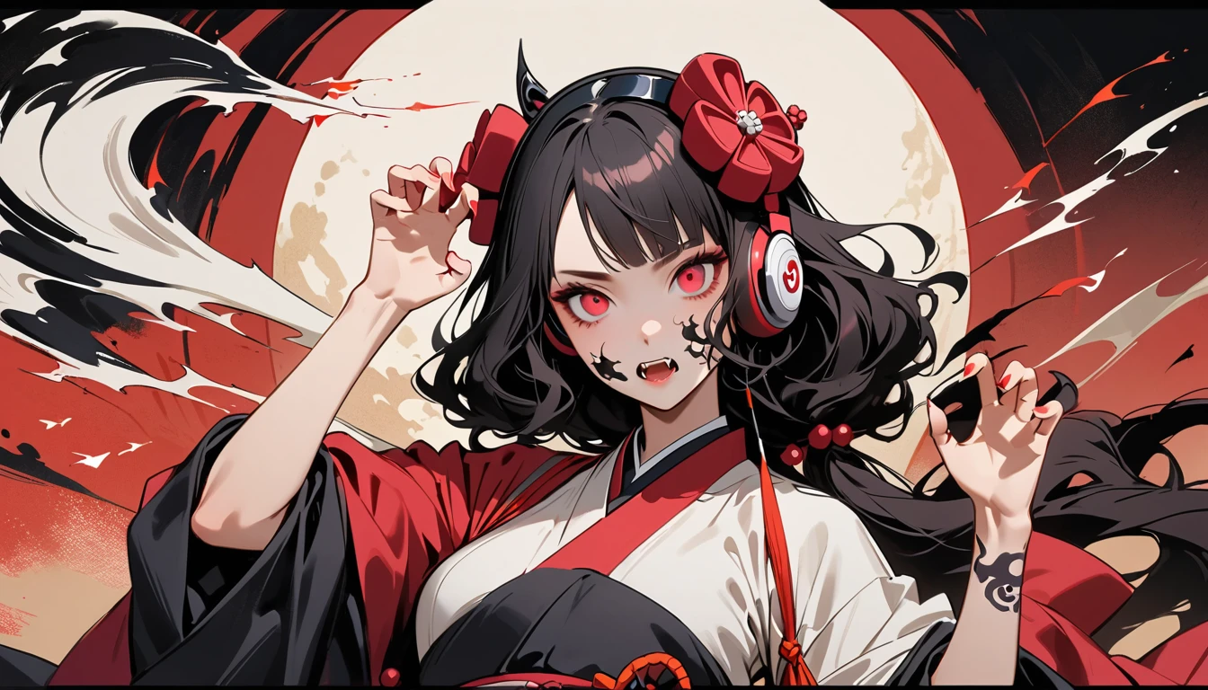 (((Horror elements))), (((TATOO on the face))), (((claw pose))), (((Highest quality))), (((Katsushika Hokusai))), (((Ink Painting))), ((very straight longhair)), ((1 girl)), ((Eyes glow red)), ((A beautiful girl possessed by a demon and showing her fangs)), (((Japanese style headphones))), Black Hair, Delicate and precise, Modern ukiyo-e style, head shot
