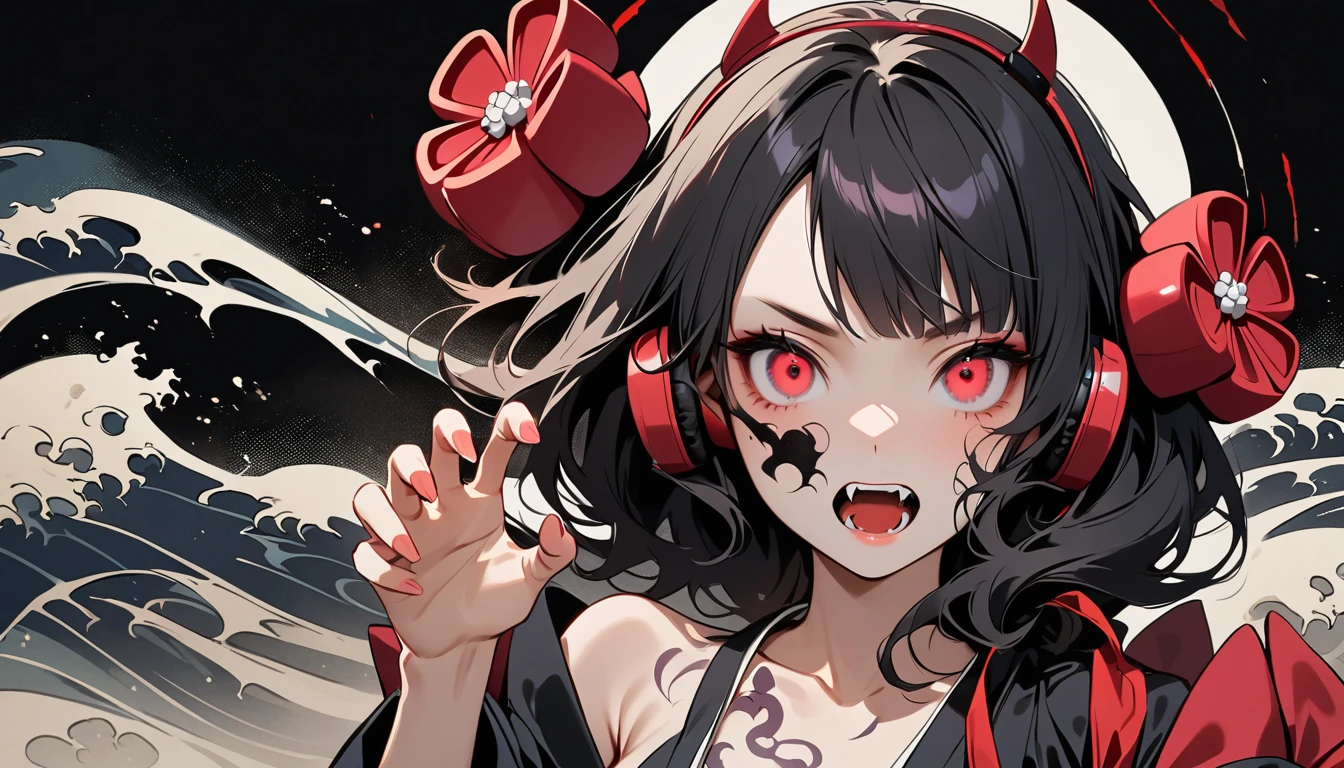 (((Horror elements))), (((TATOO on the face))), (((claw pose))), (((Highest quality))), (((Katsushika Hokusai))), (((Ink Painting))), ((very straight longhair)), ((1 girl)), ((Eyes glow red)), ((A beautiful girl possessed by a demon and showing her fangs)), (((Japanese style headphones))), Black Hair, Delicate and precise, Modern ukiyo-e style, head shot