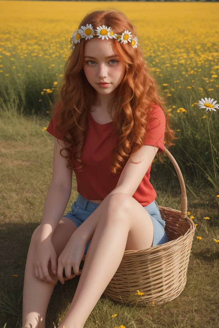 (girl:1.2),alone, (long ginger curly hair:1.1), brown eyes, Wearing a daisy wreath on your head, Sit in a daisy field, (fruit basket:1.1), blue shorts, red shirt,,raw,photographic,photo shadows,actual,Ridiculous,Aesthetic,elegant