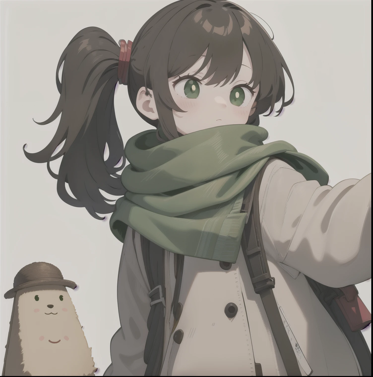 sticker, simple, illustration, cartoon, pretty girl,, line art, White background, From the front,Green eyes,Brown side ponytail,Ming scarf,Dark green windbreaker,modernization,Casual Clothes