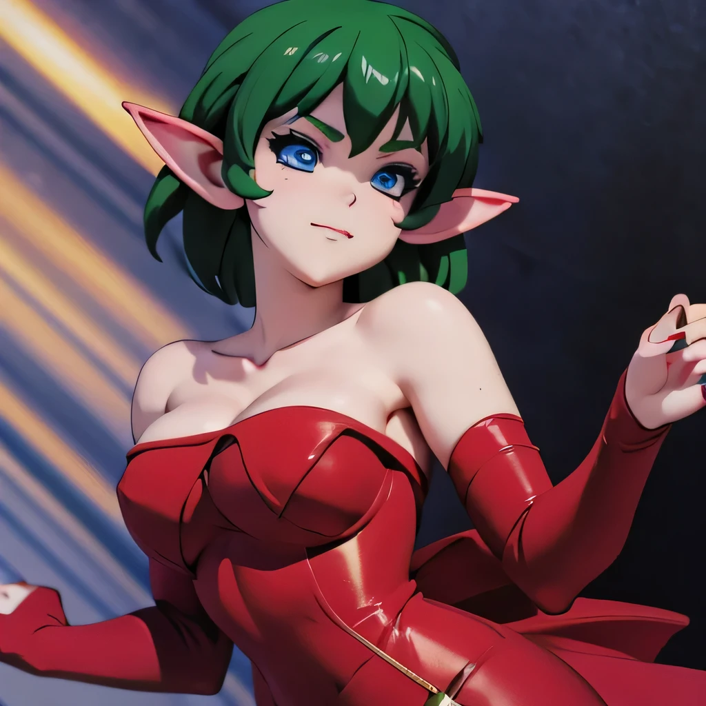  ((masterpiece,best quality,ultra-delicate,Perfect Face,16k,high resolution,very beautiful girl)),medium short green hair, seductive pose,Red strapless bodycon tube dress ,Red long arm sleeves,red high heels,Elf Girl,huge Breasts,blue eyes,Beautiful smile,20 years old