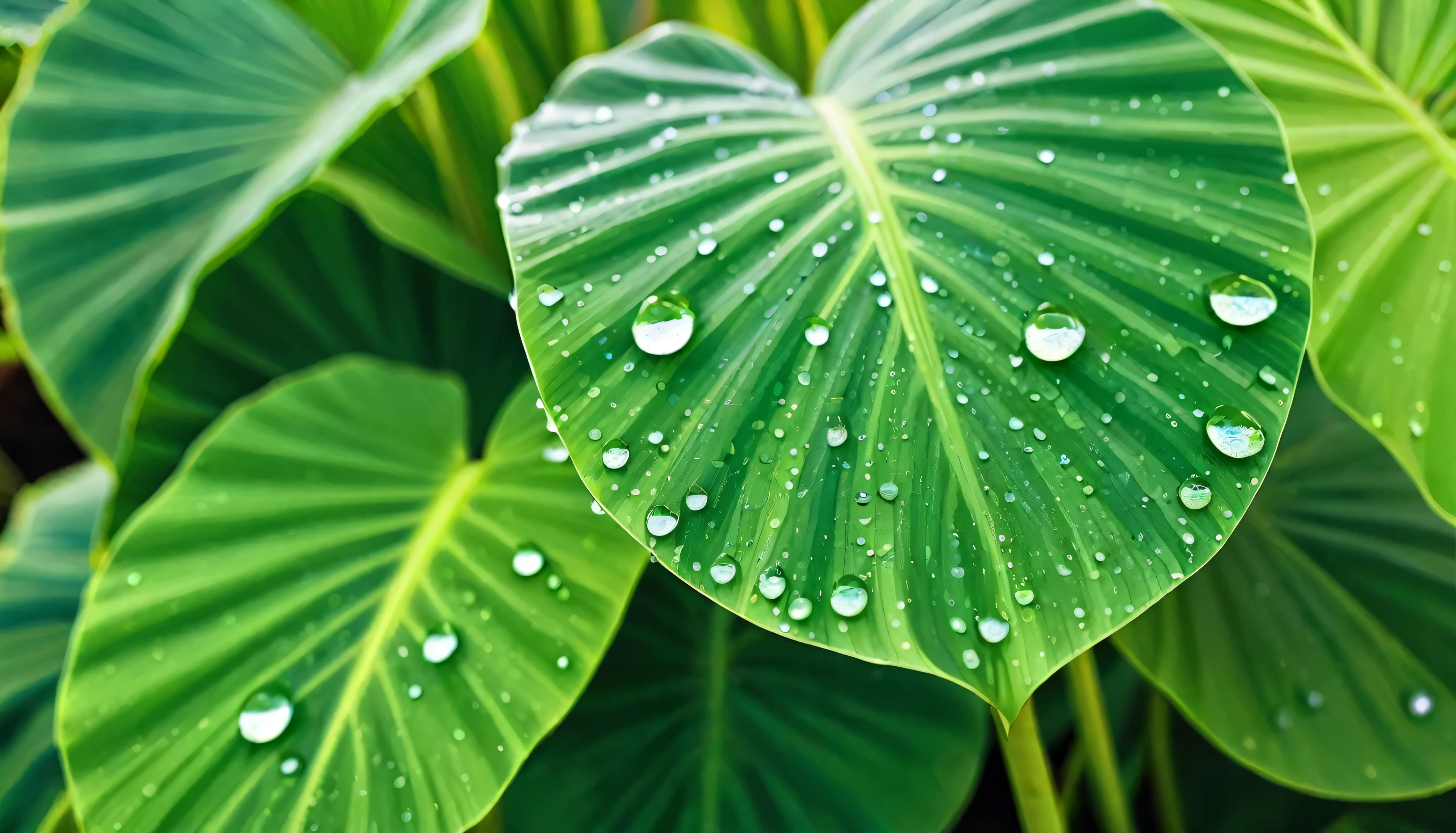 Close-up view of the natural beauty of dew drops sticking to the green leaves of taro