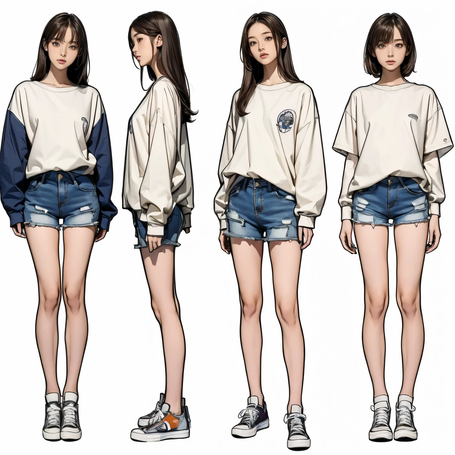 ((masterpiece,best quality;1.3,best illustration)),((character design sheet)) headphone, 1 woman,19 year old attractive beauty, Wearing the, seoul, Wearing short pants, long oversized shirt, converse sneakers, 스쿨룩Wearing the,