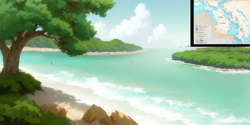 painting of a tree on a beach with a map of the area, painted in anime painter studio, island background, anime scenery, anime landscape, soft digital painting, background artwork, speedpaint, scenery artwork, background art, detailed digital painting, high detail digital painting, speedpainting, anime background art, made with anime painter studio, anime scenery concept art, scenery art detailed