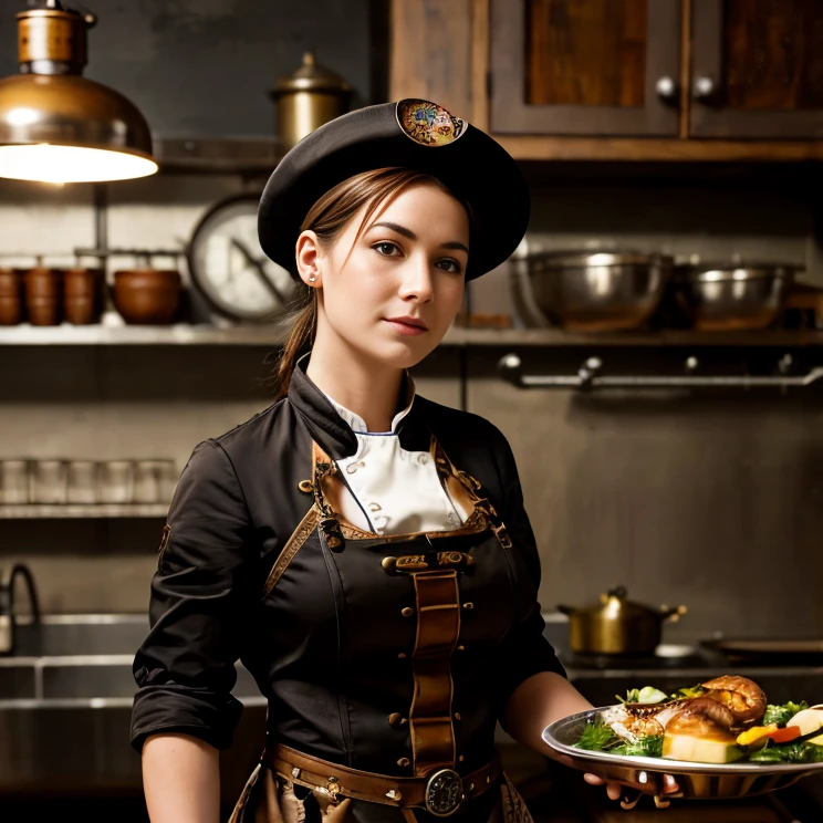 A photorealistic picture of Julia (famous chef) as a steampunk chef, wearing chef's hat and standing in a steampunk kitchen