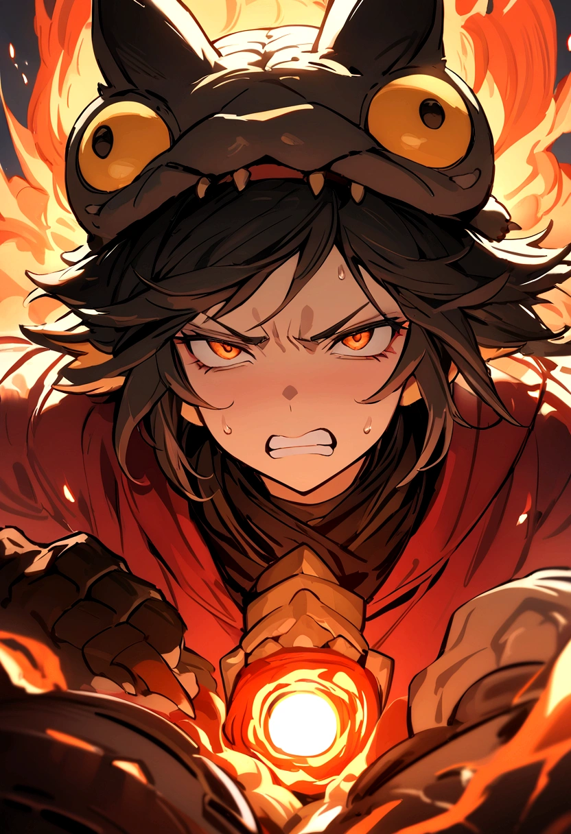 ente con cara de furia, armadura de fuego con garras de fuego, animal ears, furrowed brow, clenched teeth, UHD, masterpiece
