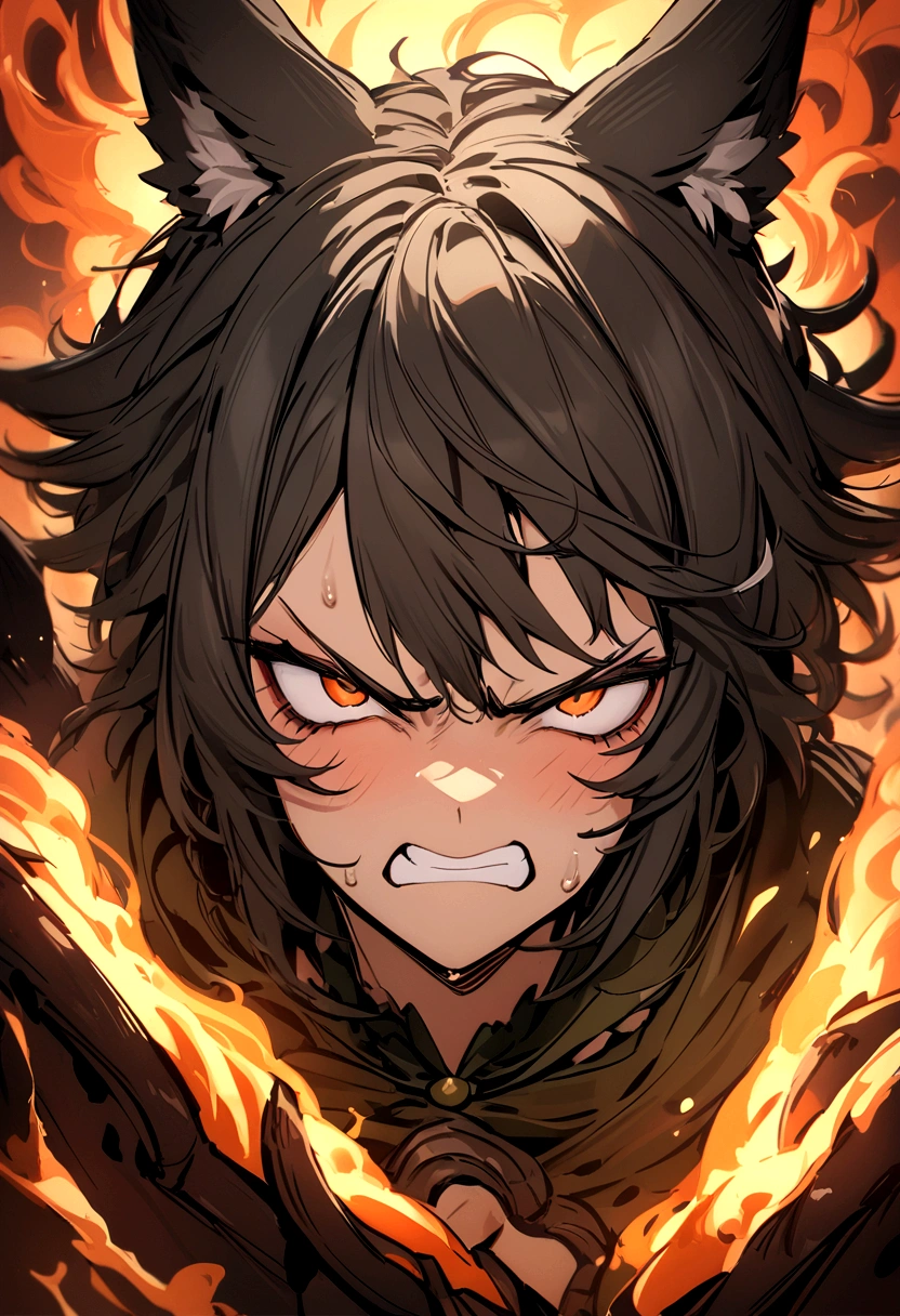 ente con cara de furia, armadura de fuego con garras de fuego, animal ears, furrowed brow, clenched teeth, UHD, masterpiece