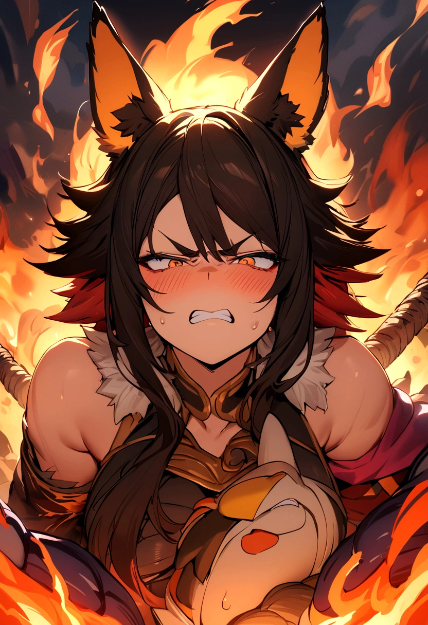 ente con cara de furia, armadura de fuego con garras de fuego, animal ears, furrowed brow, clenched teeth, UHD, masterpiece