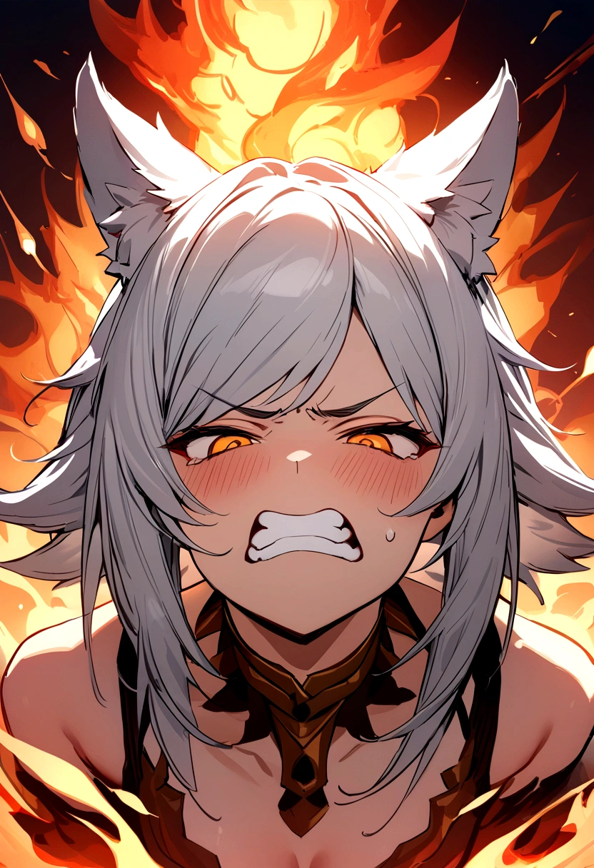 ente con cara de furia, armadura de fuego con garras de fuego, animal ears, furrowed brow, clenched teeth, UHD, masterpiece