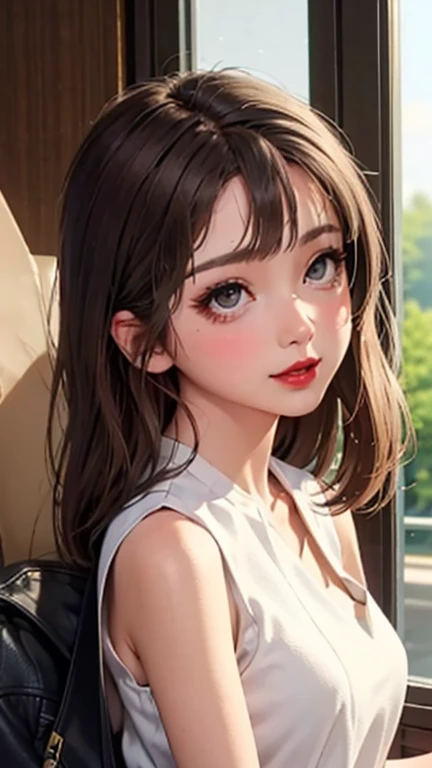 blush a little and smile, (Top quality masterpiece:1.2) Delicate illustrations, Very detailed, /Beautiful Japanese Women、1 person,Very cute and slim、Great style 、((8K images、super high quality))、Very delicate face, Skin and Hair、beautifule forehead、Red lipstick、(((((Mid-length hair、Light brown hair、lure))))),Very cute Japanese cut face、Eyes and nose are clearly visible、Kind eyes,((((Sleeveless fashion))))