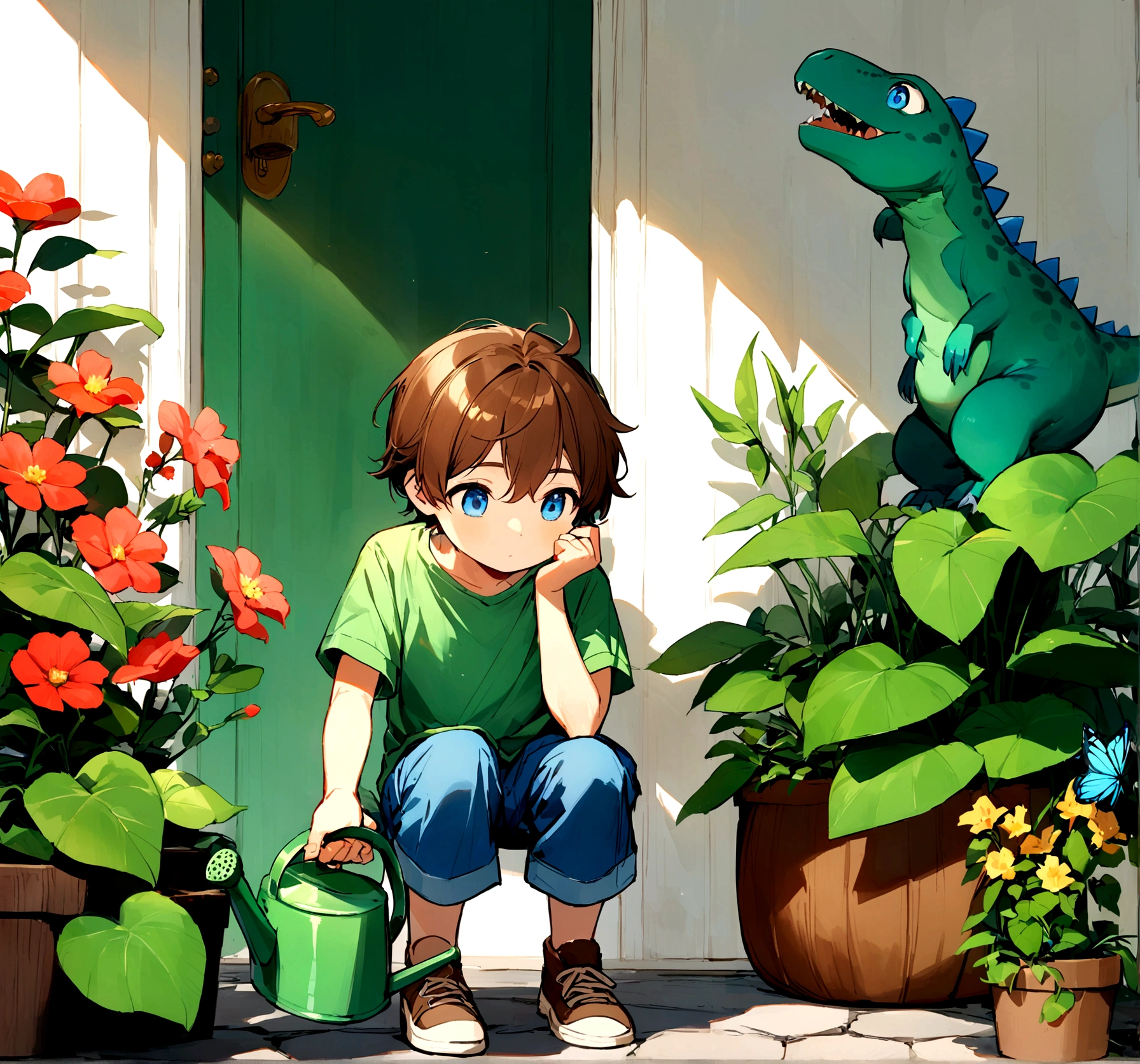 Jack is an -year-boy w tousled brown hair and bright blue eyes. He wears worn-out blue jeans, a bright green t-shirt with a dinosaur on it, and sturdy brown sneakers.Jack is outside in a garden, holding a green watering can as he carefully waters the plants. His face shows concentration and a sense of responsibility as he tends to the flowers and plants around him. The garden is vibrant and full of blooming flowers, with lush green leaves and a few butterflies fluttering about. The sun is shining brightly, casting a warm glow over the scene. Jack's posture is attentive and deliberate, indicating that he is taking this task seriously and putting effort into doing it well.