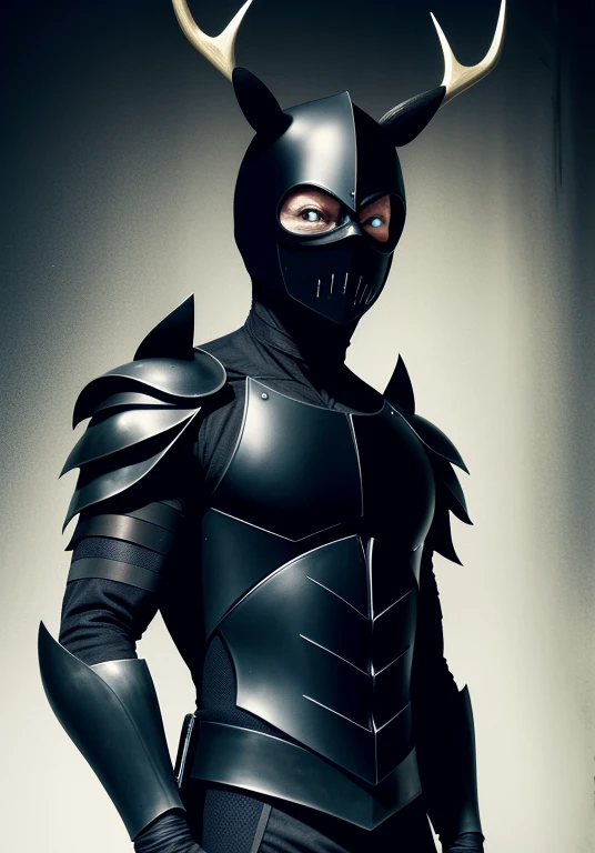 high quality image of a ninja, black suit in the body, suit decorated with blue gothic lines, elk horns on his head, white mask corroded by black blood, an eye instead of the mouth, dripping darkness, black eyes, neck full of visible black sutures, golden half-body armor, macabre gothic castle background,