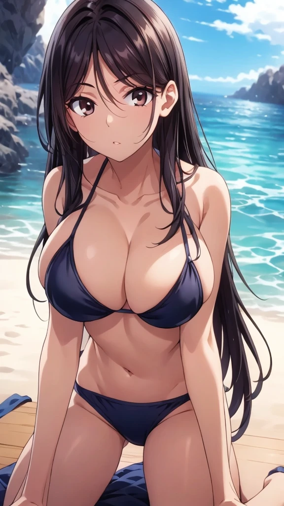 (Upper Body:1.3),alone,Medium Shot,Outdoor,(Sandy Beach,Ocean:1.3),(leaning back:1.4),masterpiece,Portraiture, 8K,Realistic, Elegant mature woman, Brown eyes,(:1.4),(Black Hair:1.4), smile,Big Breasts,(Bikini Swimwear:1.4),Straight long hair, Beautiful breasts,(kneeling:1.3), 4K resolution, High quality CG, Beautiful CG, Soft Light,(Sitting),