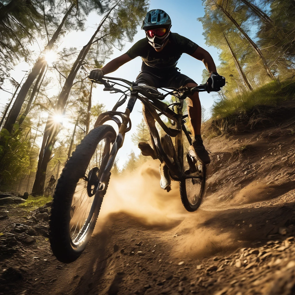 first person view, go pro, a man riding a mountain bike down hill at full speed, fast motion blur, leaves, debree flying and a thick dust trial in the air flying in the scene, a motion energetic scene, full of adrenaline and exitement in a mountain, speed shot, motion blur and, long exposure shutter, sports photography, gánsters Paradise, full action scene, low angle view, at dusk, blue hour